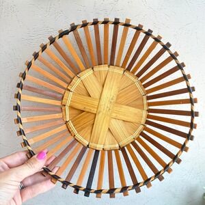 Vintage Bamboo Slat Sunburst Basket Round Shallow Wood Fruit Bowl 10 inch
